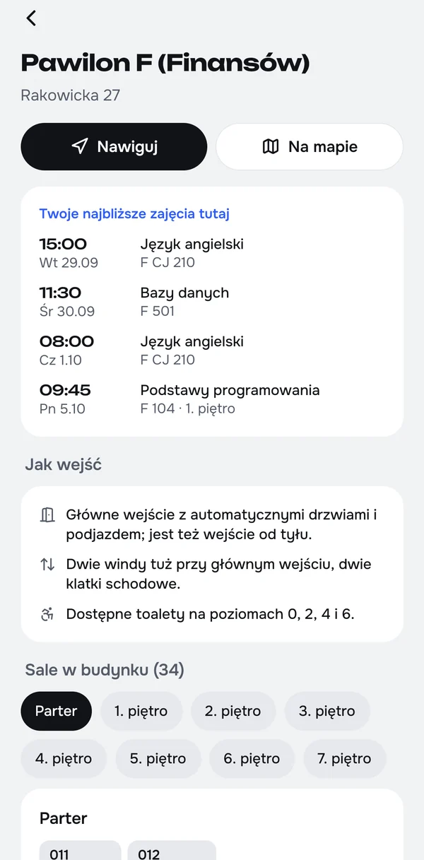 Budynek: sale, piętra i jak wejść