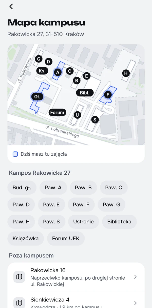 Mapa kampusu i budynków poza nim